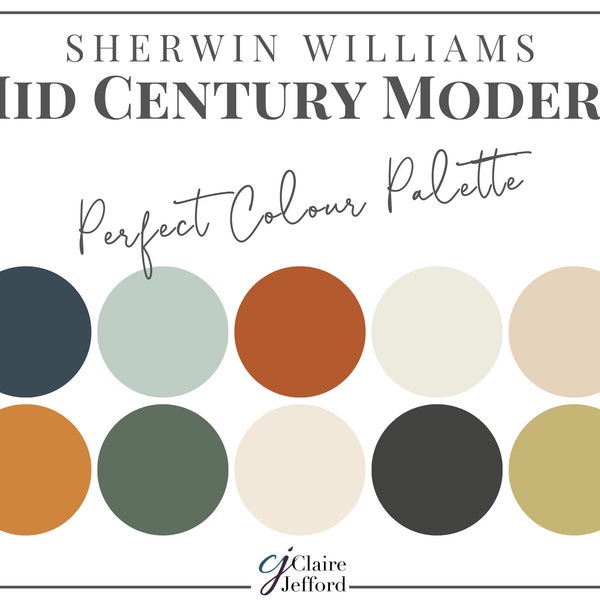 Mid-Century Modern Perfect Paint Palette - Sherwin Williams, Interior Design Paint Palette, Paint Color Selection, House Paint Colors