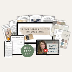 Pu&ograve; includere: Un prodotto digitale per creare palette di colori perfette per la tua casa. Il prodotto include una guida PDF di oltre 26 pagine, un video di revisione dei colori della vernice e un modulo di pianificazione della vernice. L'immagine mostra anche una variet&agrave; di schede di colori della vernice.