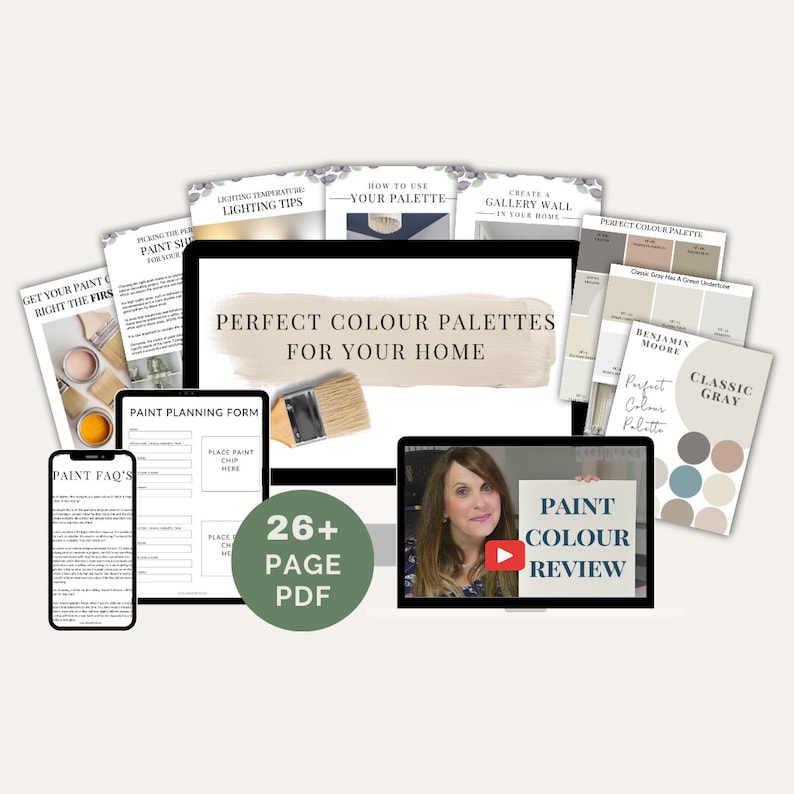 Pu&ograve; includere: Un prodotto digitale per creare palette di colori perfette per la tua casa. Il prodotto include una guida PDF di oltre 26 pagine, un video di revisione dei colori della vernice e un modulo di pianificazione della vernice. L'immagine mostra anche una variet&agrave; di schede di colori della vernice.