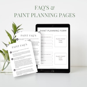 Pu&ograve; includere: Due pagine stampabili con suggerimenti utili e FAQ per dipingere una stanza. La prima pagina &egrave; intitolata "Paint FAQ's" e la seconda pagina &egrave; intitolata "Paint Planning Form". Il modulo include spazio per scrivere il colore della vernice, il marchio e il codice, nonch&eacute; un posto per mettere un campione di vernice.