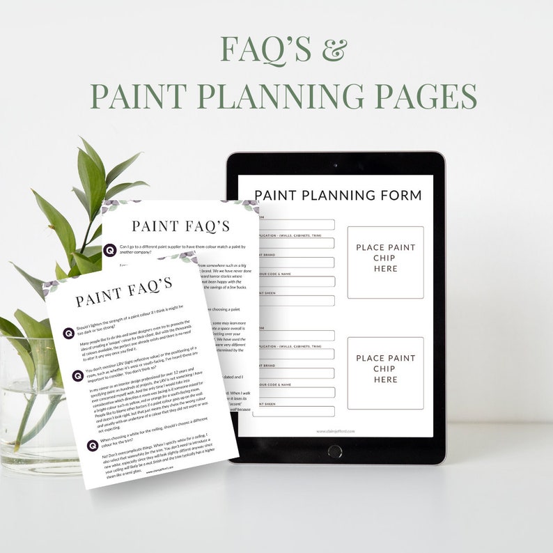 Pu&ograve; includere: Due pagine stampabili con suggerimenti utili e FAQ per dipingere una stanza. La prima pagina &egrave; intitolata "Paint FAQ's" e la seconda pagina &egrave; intitolata "Paint Planning Form". Il modulo include spazio per scrivere il colore della vernice, il marchio e il codice, nonch&eacute; un posto per mettere un campione di vernice.