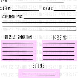 Puede incluir: Una hoja de planificación médica blanca con texto negro y resaltes rosas. La hoja incluye secciones para caso, cirujano, guantes, bandejas de instrumentos, medicamentos e irrigación, apósito y suturas. El texto "NAMELESS CST" se repite.