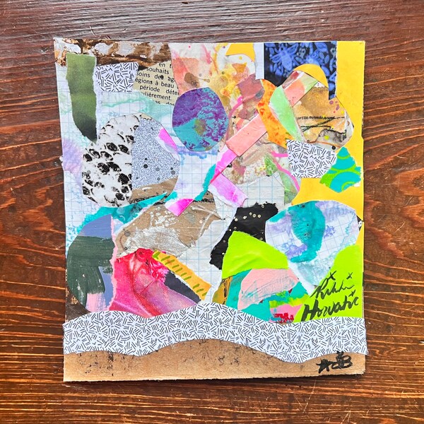Collage Number One, analog collage, bright colors, made on reclaimed cardboard, abstract, messy art