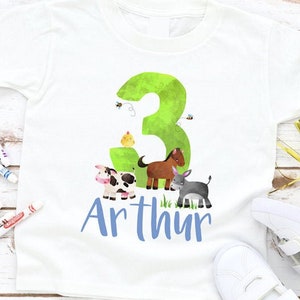 Personalised farm animals birthday tshirt baby bodysuit childrens tee name age number gift boys girls cow horse donkey chick