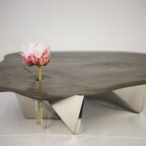 Puede incluir: Una mesa gris de forma irregular con una sola flor blanca y rosa en un tubo de vidrio transparente. La mesa tiene una base geométrica plateada.