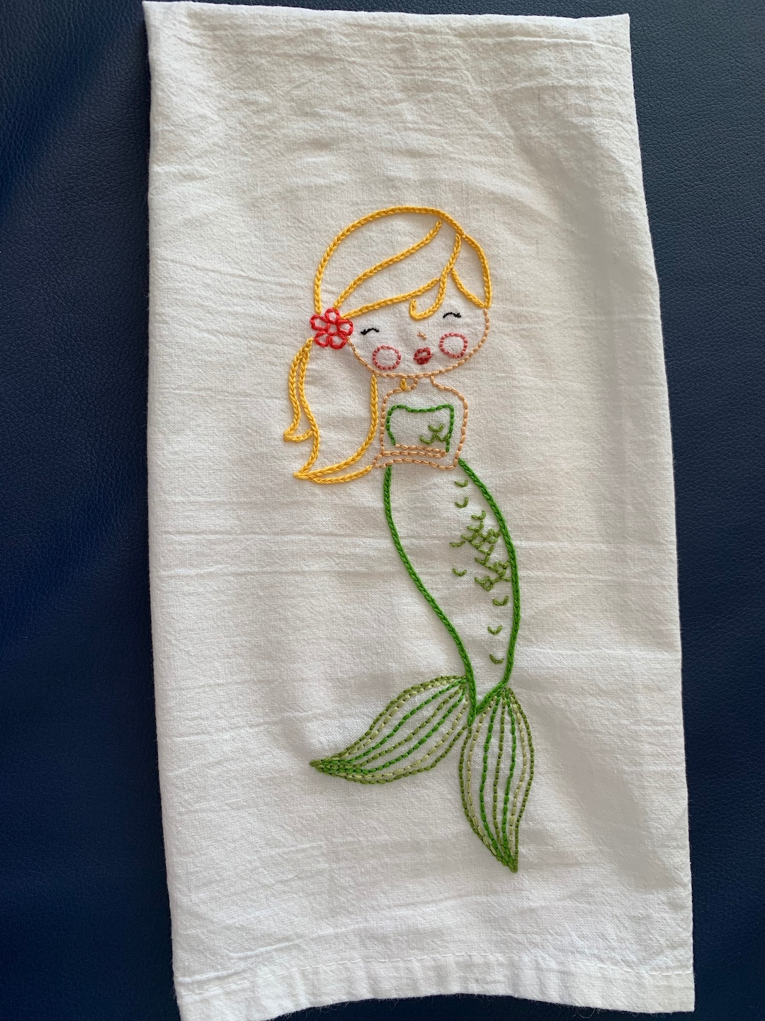 Hand Embroidered Mermaid Dish Towel/tea Towel Etsy