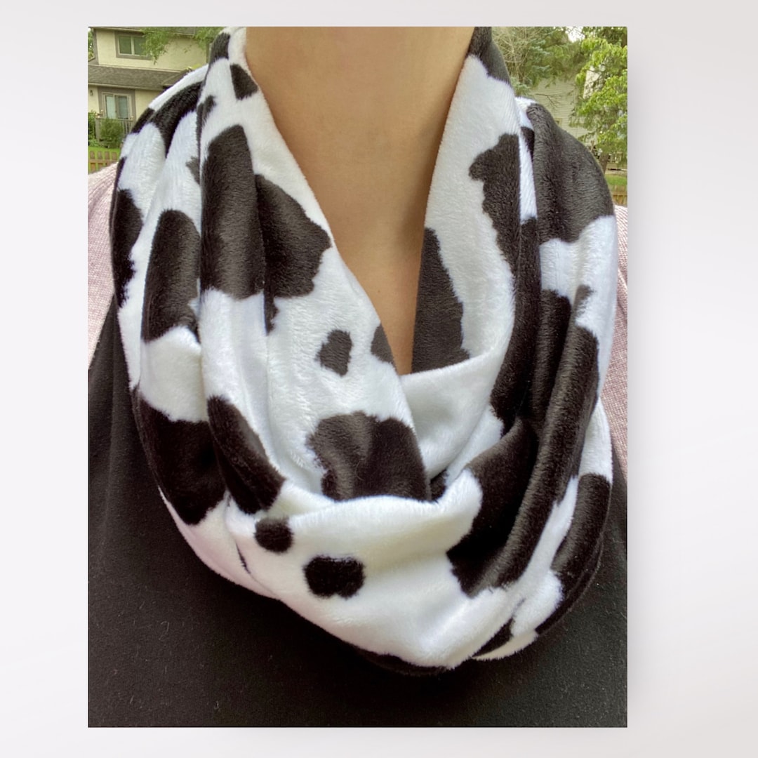 Cow Print Scarf, Soft Infinity Scarf Handmade, Black and White Scarf