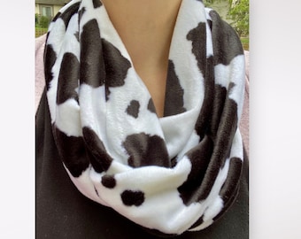 Cow Print Scarf, Soft Infinity Scarf Handmade, Black and White Scarf, Fashion Scarf for Women, Cow Lovers Gift for Her, Cow Scarf for Winter