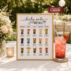 May include: A framed "Dirty Soda Menu" with various soda and cocktail illustrations. A glass of red soda with ice and a strawberry sits to the right. The menu includes "Dr. Pepper", "Sprite", "Coke", "Lemonade", and "Orange" options.