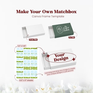 May include: A digital Canva frame template for a matchbox, featuring a blank white box, a green box with the text The Perfect Match, and a layout of 2.2 inch by 1.42 inch frames on 8.5 inch by 11 inch sheets for custom design placement.
