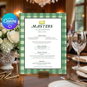 Puede incluir: Un menú de la cena del Masters Club, con un borde a cuadros verdes y blancos. El menú incluye aperitivos, primer plato, plato principal y postres. El texto "Editable Canva Templates" está en la esquina superior izquierda. El menú está en una mesa con flores y cristalería.