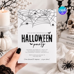 May include: A white rectangular Halloween party invitation card featuring black spider web illustrations at the top with small spiders and bats. The text reads: JOIN US FOR A SPOOKTACULAR HALLOWEEN PARTY, SATURDAY OCTOBER 31ST FROM 7PM, THE HAUNTED HOUSE OF ASHLEY, 742 EVERGREEN TERRACE, SPRINGFIELD, RSVP to Emily by October 15, 0123-4567-890, Come dressed to impress... if you dare!