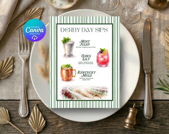 Menú de cócteles del Kentucky Derby / Letrero de bar en acuarela – Plantilla editable de Canva (Descarga digital)