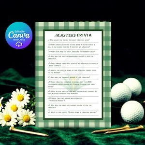 May include: A Masters Trivia game card with a green and white checkered border. The card features trivia questions about the Masters Tournament. Golf balls, tees, and daisies are scattered around the card on a green velvet surface.