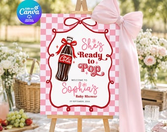 Letrero de bienvenida para baby shower "Ready to Pop", letrero de baby shower "Pink Soda", plantilla editable de Canva, decoración imprimible para baby shower de niña.