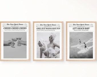 SET OF 3 Newspaper Aesthetic Prints, Beach, Cheers, and Girls Wall Art