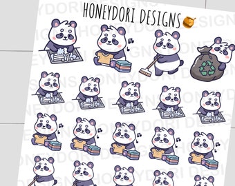 Cleaning Stickers - House Chores Planner Stickers - Hand Drawn Panda Cleaning Stickers - Panda Planner Stickers - Cleaning Chores Sticker