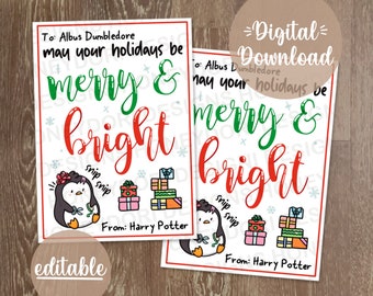 May include: Printable Christmas card featuring a penguin wearing a Santa hat and holding a gift. The card says "To: Albus Dumbledore may your holidays be merry & bright" and "From: Harry Potter".