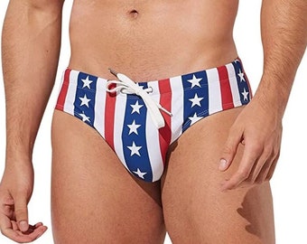 Mens American Flag Swimsuit 4th of July Patriotic Swimwear Red White and Blue Swim Briefs