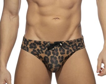 Mens Brown Leopard Print Swim Briefs Swimwear Low Rise Bathing Suit With Drawstring Beach Shorts - Cheetah Print Swimsuit