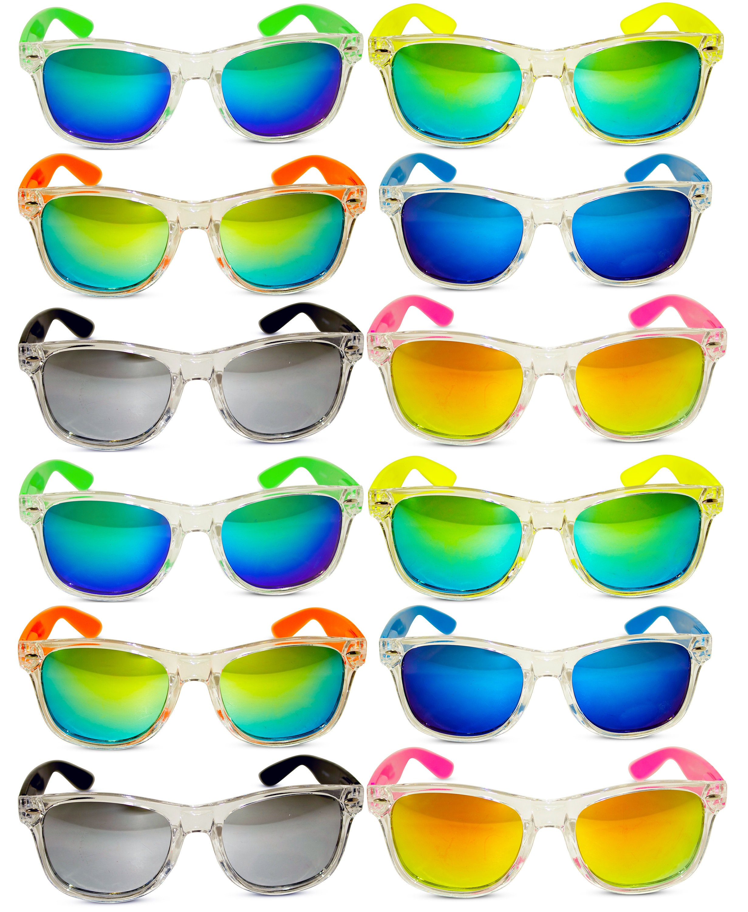 12 Pack Bulk Sold Various Fun Color Mirrored Sunglasses With Neon
