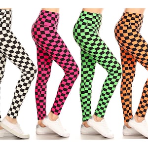 Multi Color Classic Checkered Pattern Full Length Yoga Style Leggings with Banded High Waist