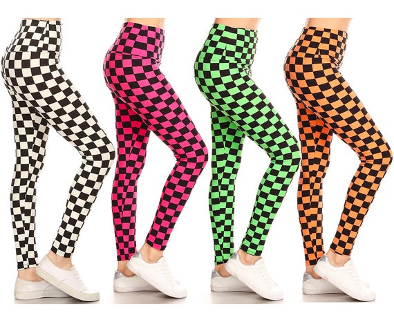 Multi Color Classic Checkered Pattern Full Length Yoga Style Leggings With  Banded High Waist 