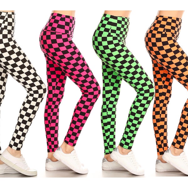 Leggings de style yoga sur toute la longueur à damier classique multicolore, taille haute à bandes