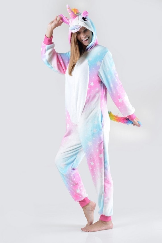 Cute Light Blue and Pink Rainbow Unicorn Hooded Pajama Onesie With Pockets  and Rainbow Tail Adult Size 