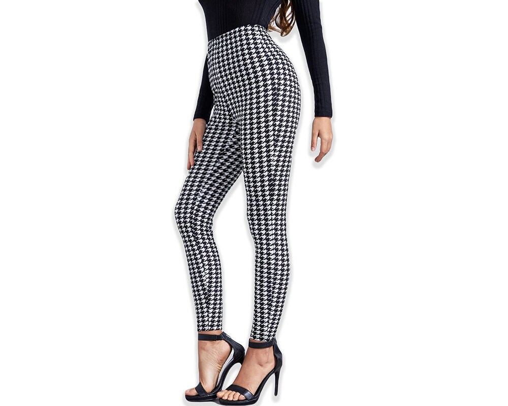 Black and White High Waist Houndstooth Print Leggings Casual Slight Stretch Fit