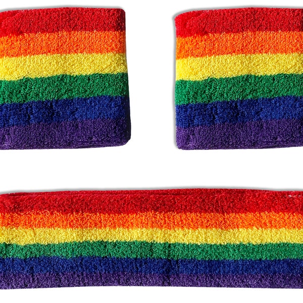 Rainbow Striped Pride Sweatband Set 2 Wristbands and 1 Headband LGBT Festival Accessories Adult Size