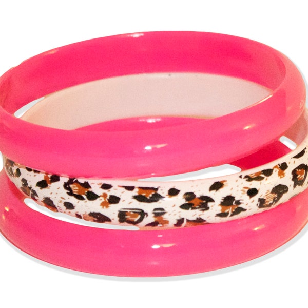 Neon Cheetah Print Leopard Animal Print Three Pack Bangles Set Costume Jewelry