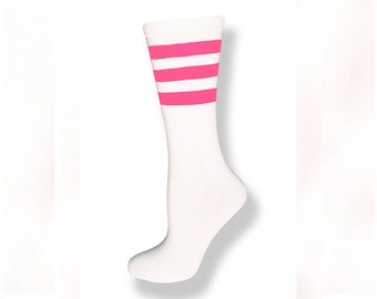 White Crew Cut Calf High Sock with Three Pink Stripes