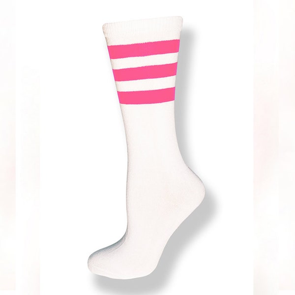 White Crew Cut Calf High Sock with Three Pink Stripes