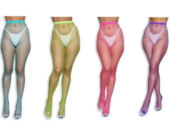 Neon High Waist Fishnet Tights Stockings with Larger Wide Holed Pantyhose