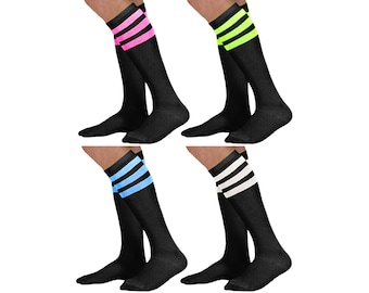 Paquete de 4 - Calcetines unisex negros de tubo alto para la rodilla con rayas de varios colores