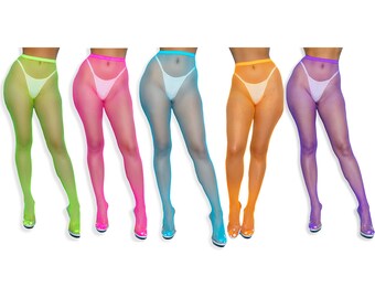 Collants collants taille haute en résille fluo pour femme