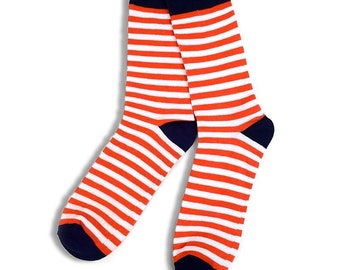 Mens Red and White Christmas Calf High Sock with Navy Blue Accents Great For Gifts