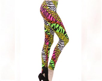 Multi Color Animal Print Bright Leggings 1980s Pants Zebra Cheetah Costume