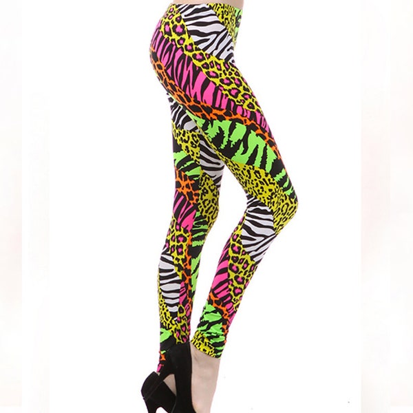 Multi Color Animal Print Bright Leggings Années 1980 Pantalon Zebra Cheetah Costume