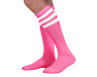 Neon Pink Knee High Tube Sock with Three White Stripes