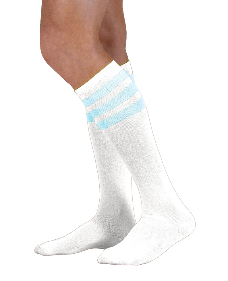 white knee high socks with blue stripes