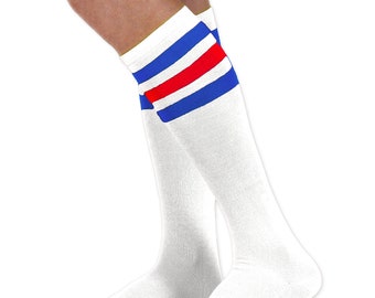 White Knee High Sock with Royal Blue and Red Stripes