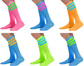 Unisex Neon Colored Knee High Tube Socks with Neon Colored Stripes Retro Classic Old School Style