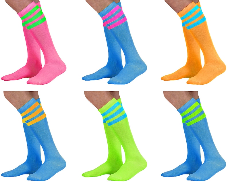 Vintage Style Socks- Knee High, Bobby, Anklet, Scrunch, Lace     Unisex Neon Colored Knee High Tube Socks with Neon Colored Stripes Retro Classic Old School Style  AT vintagedancer.com