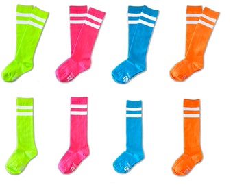 Unisex Kid Child Size Fluorescent Neon Knee High Sock with Two White Stripes - Great for Sports, Team Events, Party Favor and Much More