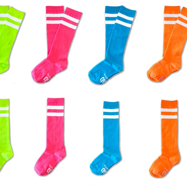 Unisex Kid Child Size Fluorescent Neon Knee High Sock with Two White Stripes - Great for Sports, Team Events, Party Favor and Much More