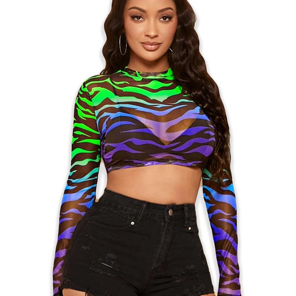 Blue Green and Purple Long Sleeve Mesh Sheer Zebra Print Crop