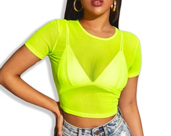 Neon Nation Mesh Sheer Crop Top T Shirt with Short Cap Sleeves High Stretch Slim Fit Round Neck Style
