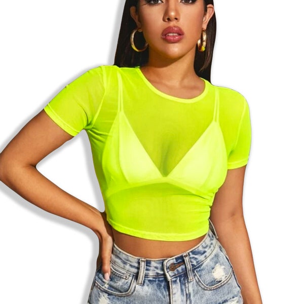 Neon Nation Mesh Sheer Crop Top T Shirt with Short Cap Sleeves High Stretch Slim Fit Round Neck Style